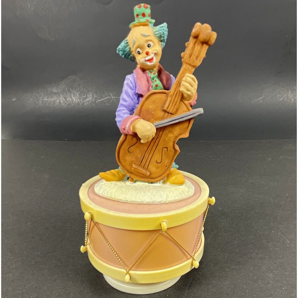 Vtg Clown Music Box Figurine Playing Cello on Drum Base Wind Up Musical Decor